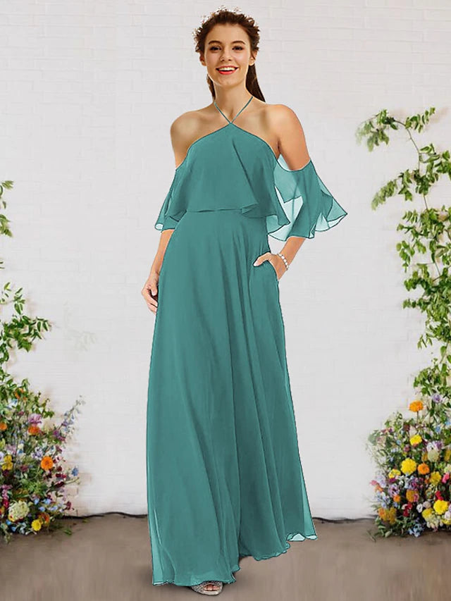 Luolandi A-Line Bridesmaid Dress Halter Neck Sleeveless Elegant Floor Length Chiffon Pure Color